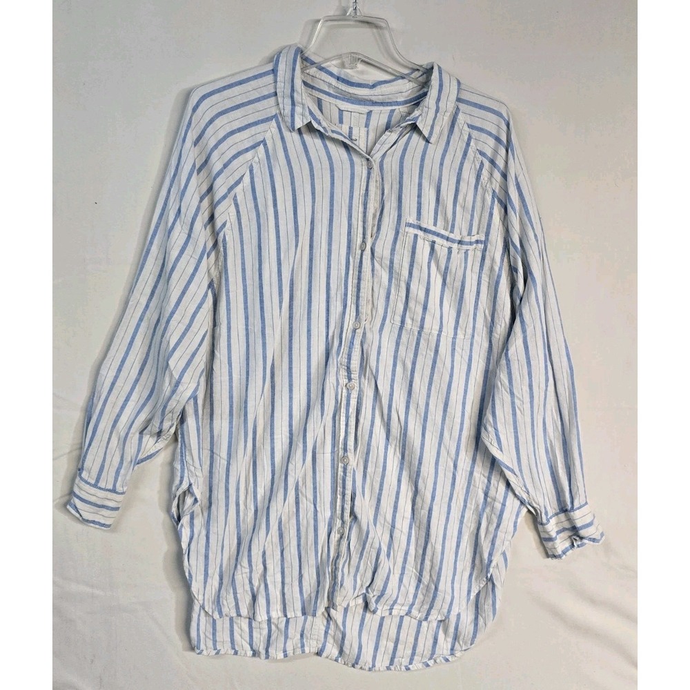 Aerie Women's  Button Down Shirt Linen  Blue Striped Oversized